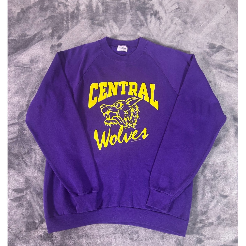 Vintage 90s Tee Jays Central Wolves‎ Purple Raglan Sweatshirt USA XXL